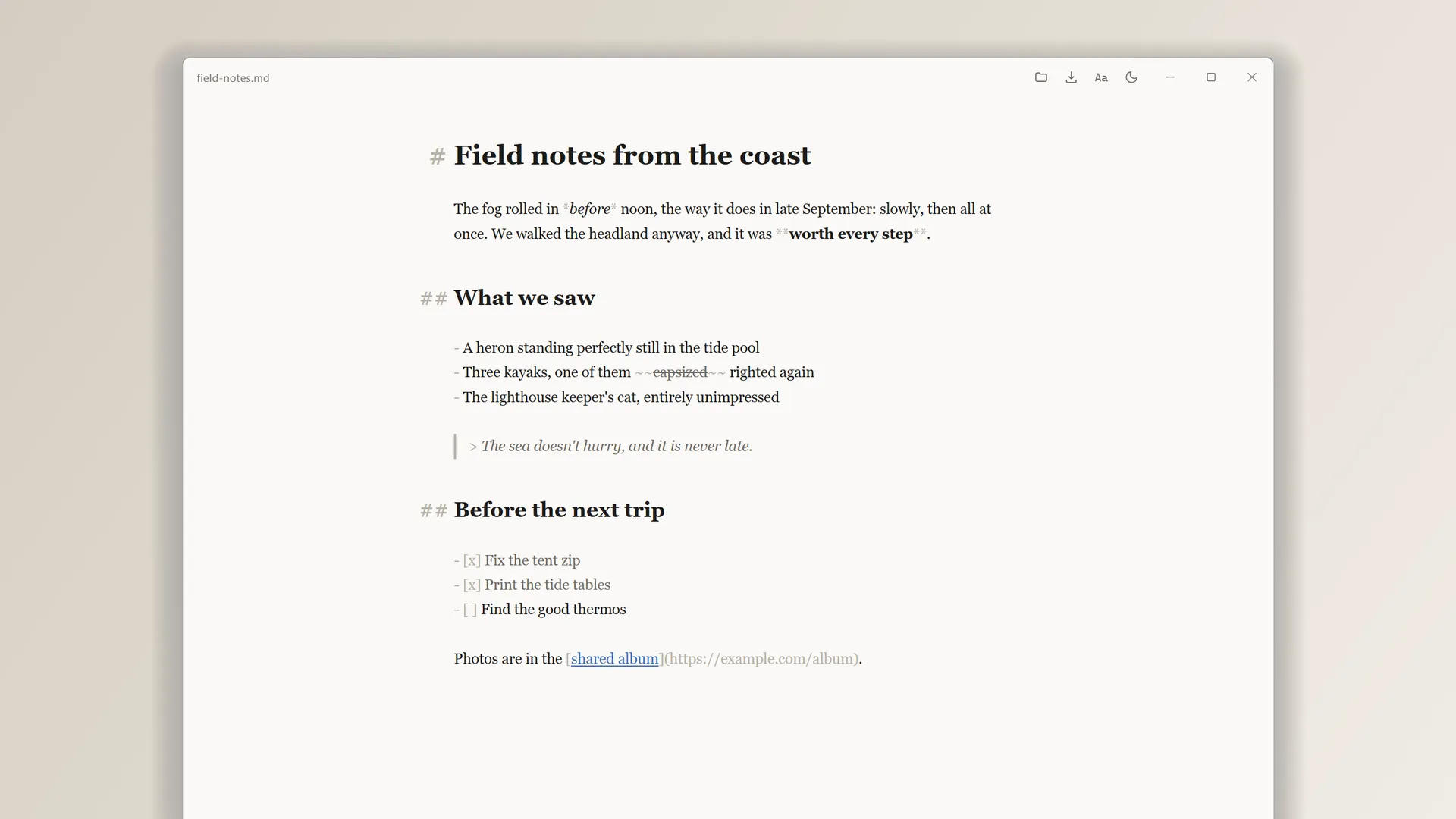 The text you see is the markdown: styled as you type, with the syntax kept on screen, dimmed.