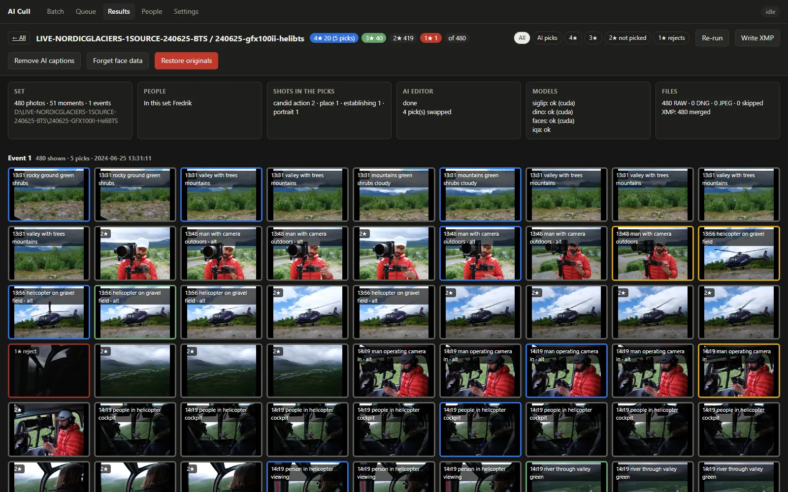 A 480-photo helicopter shoot, grouped into moments and rated.