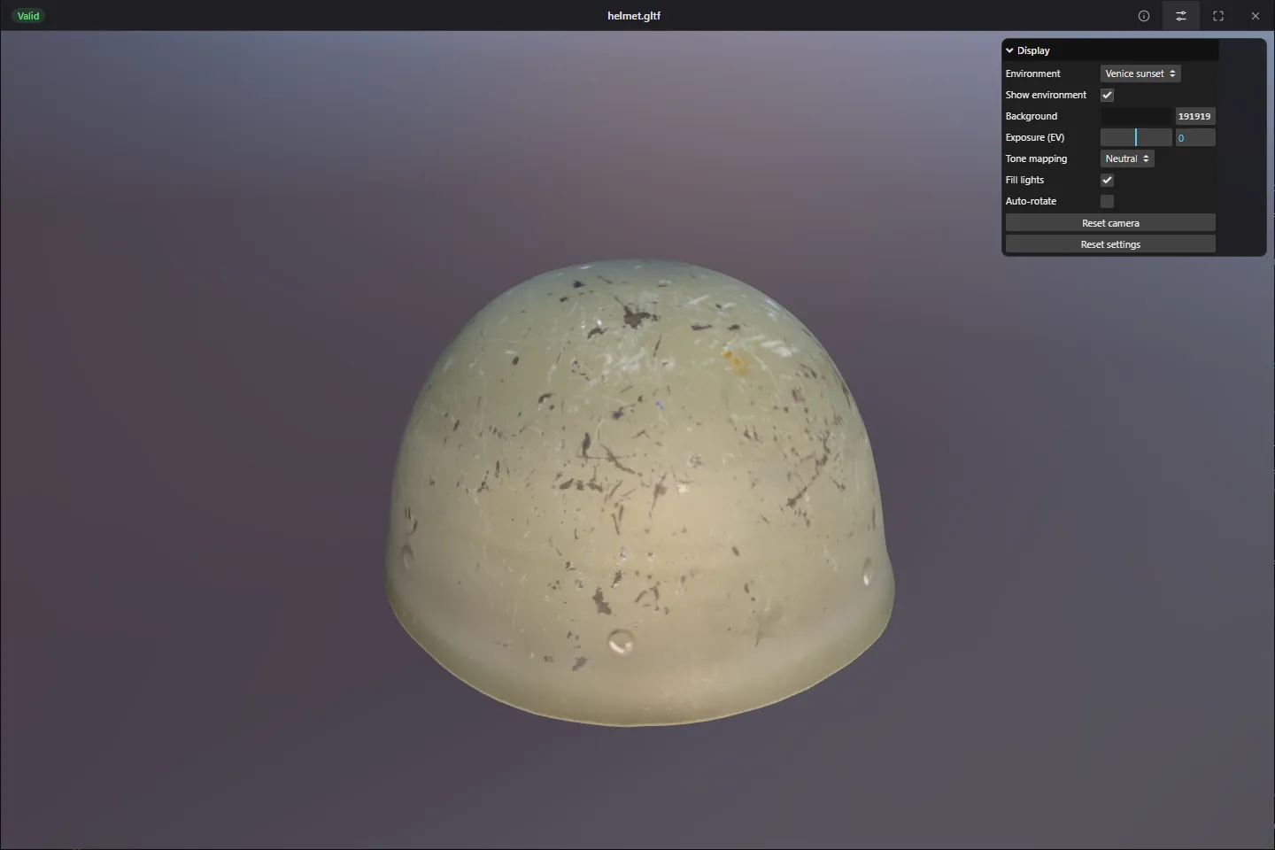 Display settings: four HDR environments, exposure, tone mapping and fill lights.