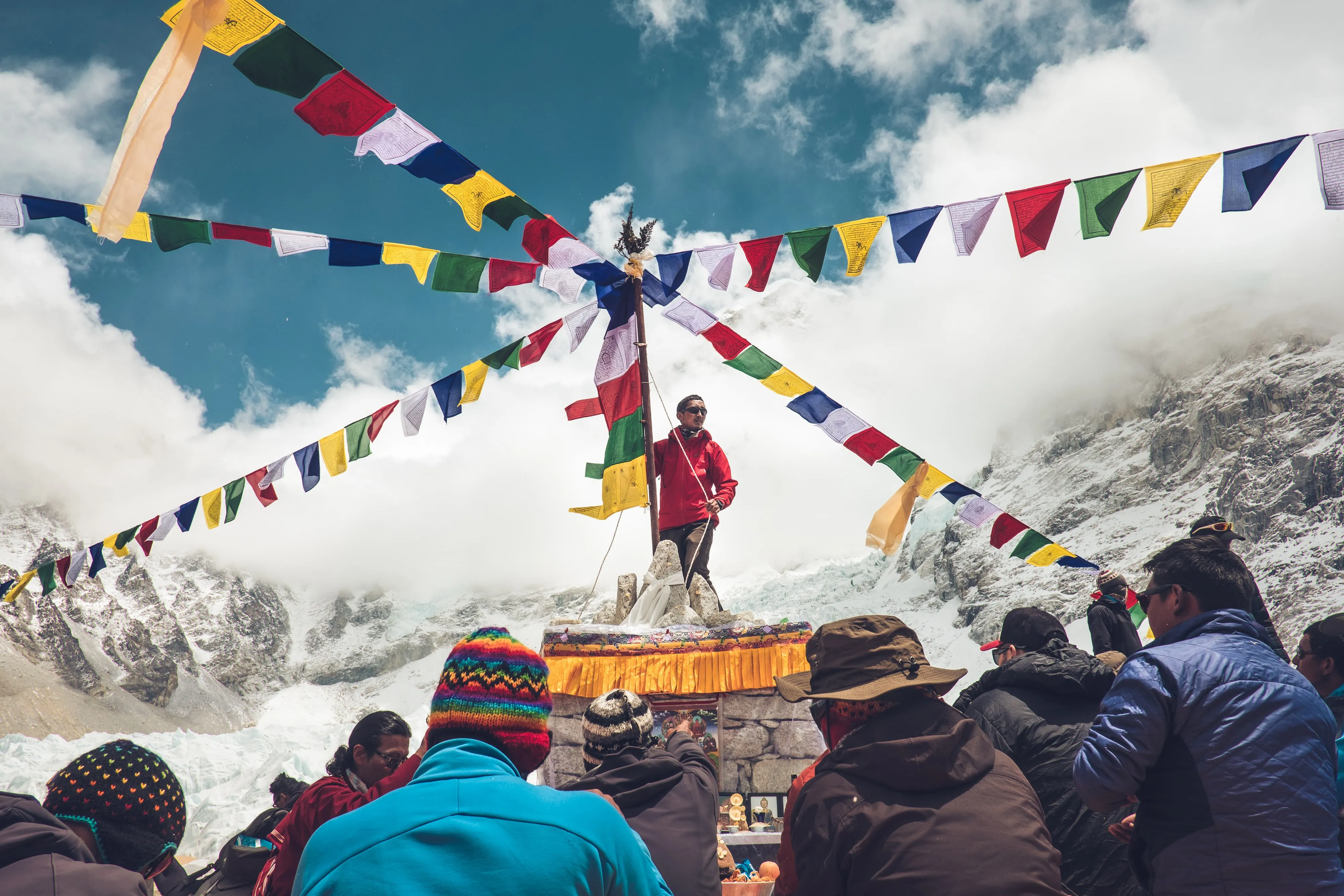 Trekkers passing through a Sherpa village