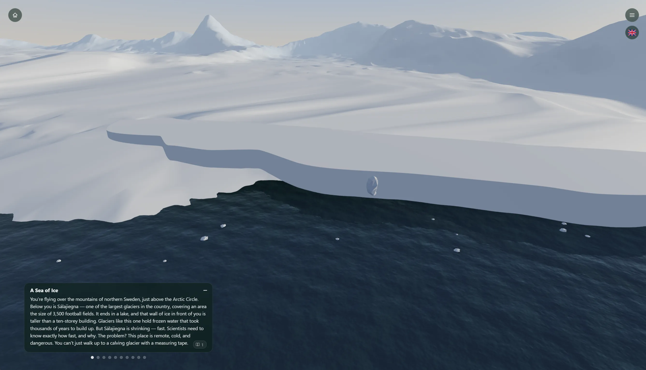 A prototype of our Nordic glaciers experience, where the user explores a vanishing ice sheet guided by a glaciology robot