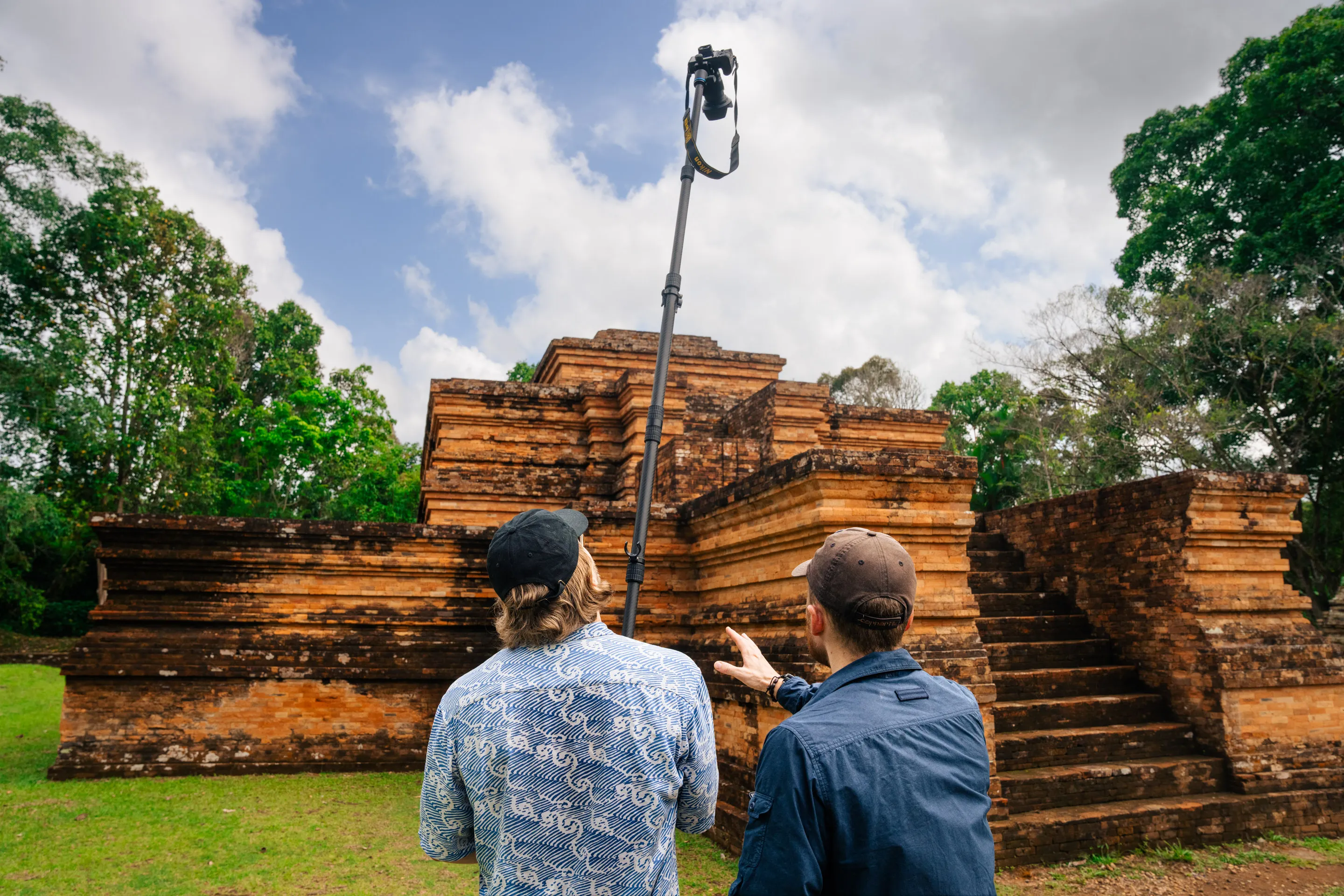 Fredrik and Martin Edström getting angled images for the dataset of Candi Tinggi. Photo by Josh Irwandi